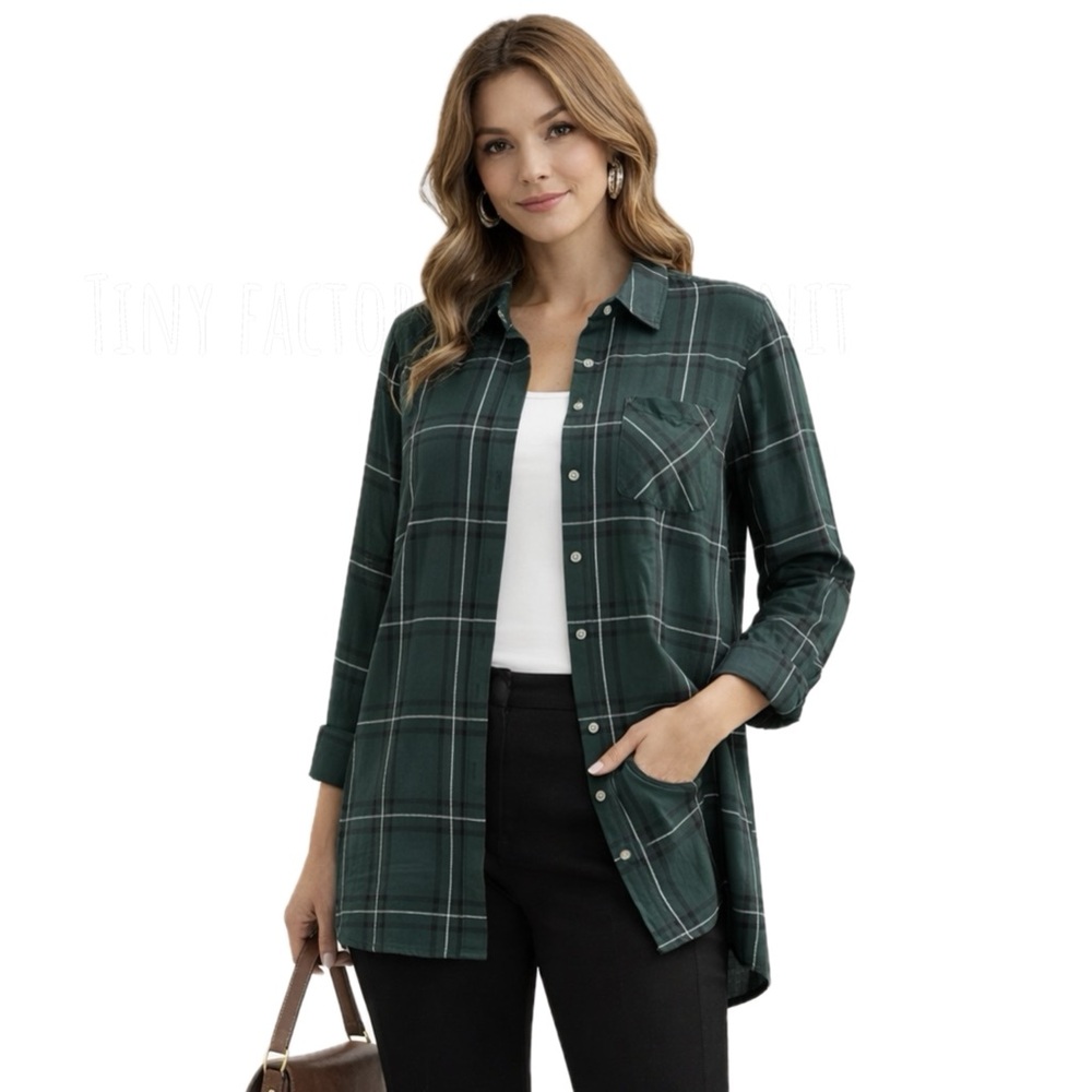 NEW Maurices Plaid Button Up Shirt Button Back Dark Green Silver 2